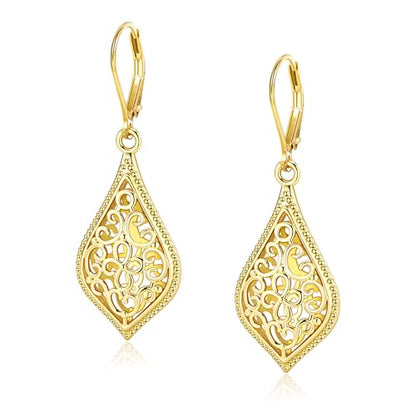 BOUTIQUELOVIN Filigree Dangle Earrings for Women Drop Earings | 14K Gold Plated Geometric Dangling Leverback Earrings Silver Hypoallergenic Dangly Earings Lightweight Daily Jewelry Gifts - color: C-14K Gold