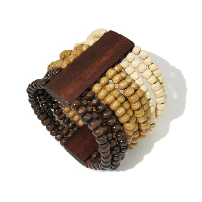 Caiyao Bohemian Wooden Beaded Stretch Bracelet Wide Chunky Bangle Beads Jewelry Wood Elastic Wristband for Women-Brown - style: 00B