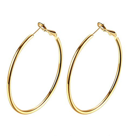 Gold Hoop Earrings,18K Gold Plated Rounded Hoops Earrings for Women - color: Yellow 60mm