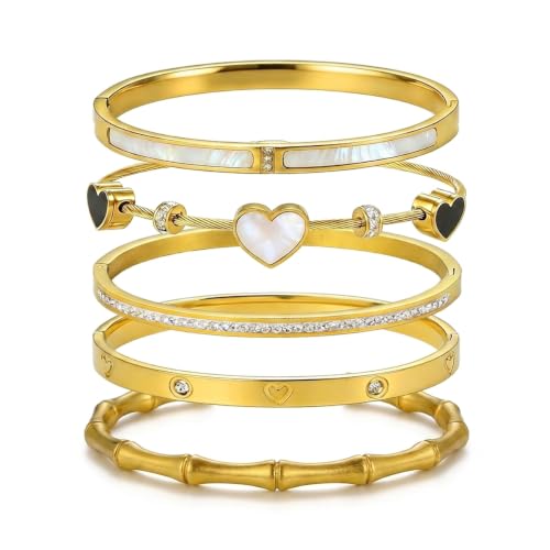 Gold Bangle Bracelets for Women, 5Pcs 18K Gold Plated Stainless Steel Stackable Bangle Bracelet Set, Waterproof Non-Tarnish Bangles with Cubic Zirconia, Gifts for Women