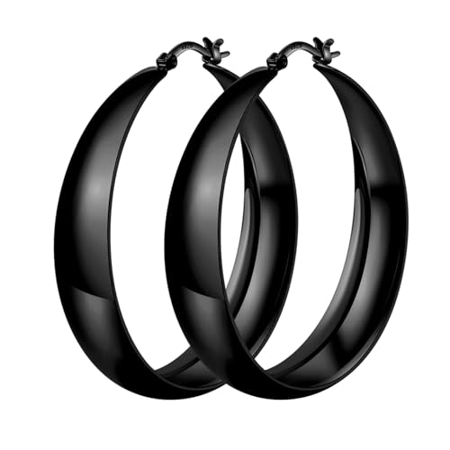 Senteria 12mm Wide Thick Sterling Silver Hoop Earrings Hypoallergenic | 14K Real Gold Plated Hoops Large Earring Lightweight Chunky Hoops Earring for Women Gift for Birthday Christmas 25/30/40/50MM - color: Black-40mm