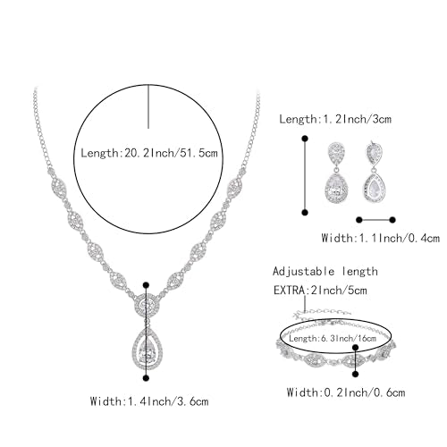 BriLove Wedding Bridal Jewelry Set for Women Cubic Zirconia Teardrop Y-Necklace Link Bracelet Dangle Earrings for Party Prom Accessories - color: Clear Silver-Tone