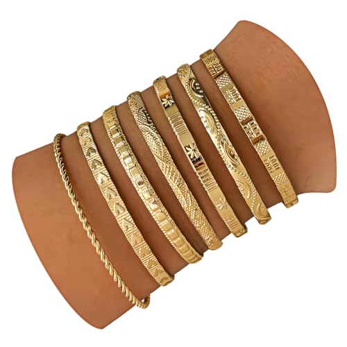 14k Gold-plated multi-layer stackable cuff Bracelet Sets for Women Adjustable Bohemian Open Bangle-Bracelets - color: 14k gold