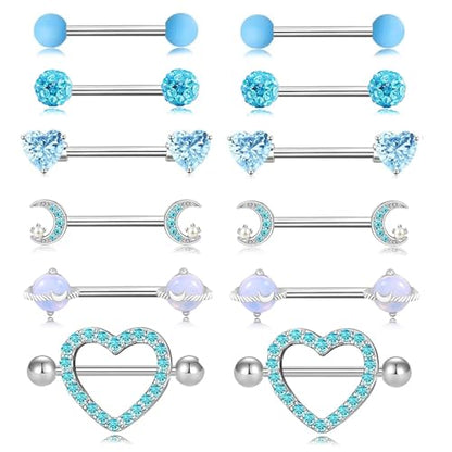 14G Nipple Rings for Women 316L Stainless Steel Heart,Butterfly,Moon,Devil,Flower Nipple Barbell CZ Nipple Rings Set Nipplerings Piercing Jewelry - color: BLIE