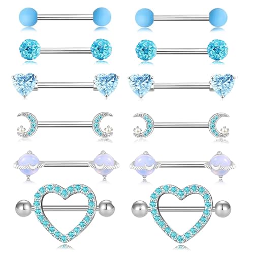 14G Nipple Rings for Women 316L Stainless Steel Heart,Butterfly,Moon,Devil,Flower Nipple Barbell CZ Nipple Rings Set Nipplerings Piercing Jewelry - color: BLIE