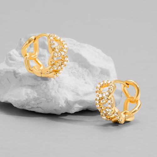 Dremmy Studios Dainty CZ Huggie Hoop Earrings 14K Gold Plated Chunky Simple Cute Thick Round Frill Bead Ball Starburst Cuff Earrings Cubic Zirconia Hoop Earrings Minimalist Personalized Gift for Her - color: Chain E