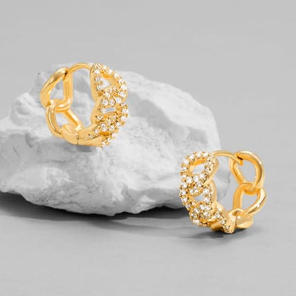 Dremmy Studios Dainty CZ Huggie Hoop Earrings 14K Gold Plated Chunky Simple Cute Thick Round Frill Bead Ball Starburst Cuff Earrings Cubic Zirconia Hoop Earrings Minimalist Personalized Gift for Her - color: Chain E
