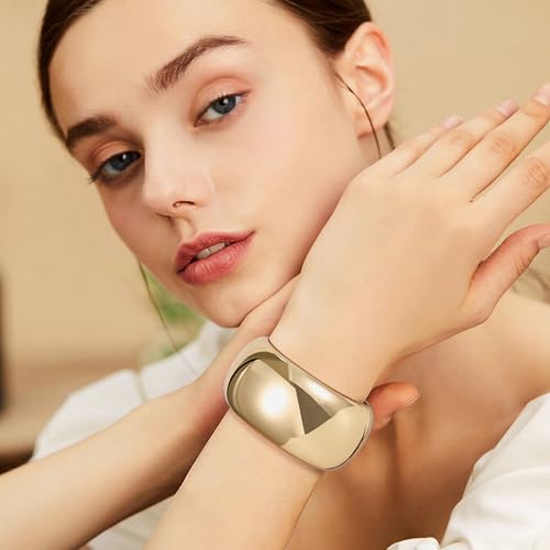 NICEIGHT 18K Gold Plated Chunky Bangle Bracelets for Women Gold Wide Cuff Bangle Bracelet Hammered Minimalist Thick Gold Wrist Wrap Bracelets - color: Gold Plain Bracelet