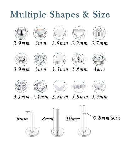 Threadless Push in Nose Studs Rings Stainless Steel Flat Back Earrings Labret Monroe Lip Rings for Women Men Cartilage Helix Conch Tragus Piercing Jewelry 6mm 8mm 10mm Silver Gold Tone - color: Silver, size: 20G(0.8mm)