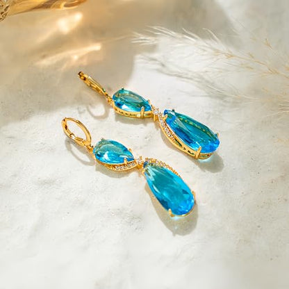 18K Gold Plated Flower Dangle Earrings for Women, Hypoallergenic Cubic Zirconia Earrings, Elegant CZ Drop Earrings, Statement Jewelry Gifts Party Fashion - style: OBS7507-Blue