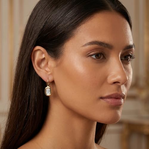 14K Gold & Silver Plated Trendy Bezel Set Cubic Zirconia Drop Earrings Minimalist Teardrop Hook Earrings for Women Diamond Crystal Charm Statement Teardrop Earrings Jewelry Gifts - color: Gold-Rectangular zircon