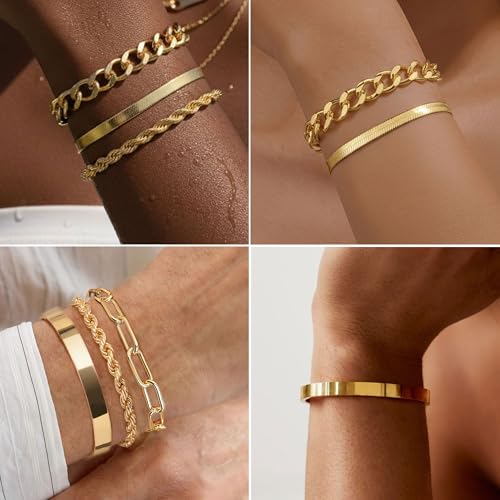 PLOMFOV Gold Bracelets for Women Stack Non Tarnish 14K Gold Plated Chunky Gold Bangles Bracelet Set Beaded Paperclip Chain Cuban Link Dainty Trendy Waterproof Stackable Cuff Bracelets Jewelry Gifts for Women - color: 5Pcs Gold-Cuban Set