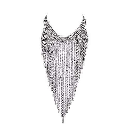 Aomcisi Fashion Women Sexy Rhinestone Bib Choker Necklace Tassel Long Chain Necklace - color: Silver