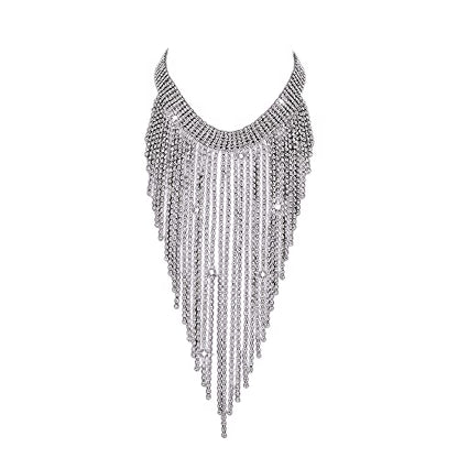 Aomcisi Fashion Women Sexy Rhinestone Bib Choker Necklace Tassel Long Chain Necklace - color: Silver