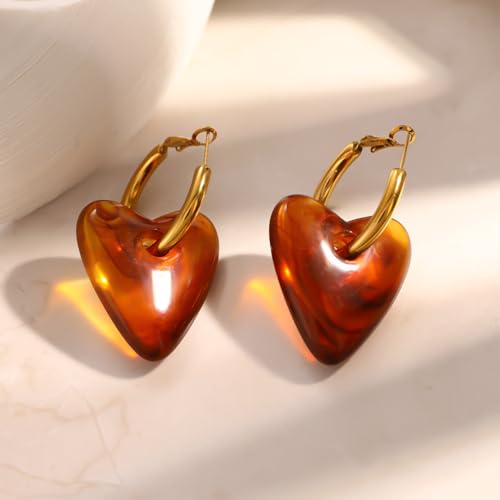 Amber Heart Dangle Drop Hoop Earrings Stainless Steel Huggie Hoops Retro Puffy Tortoiseshell Resin Love Hearted Dangling Statement Earring Vintage Birthday Jewelry for Women Lover