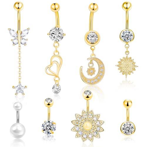 Lucomb Belly Rings for Women, 14G Belly Button Rings for Women Stainless Steel Dangle Belly Piercings Jewelry Rings with Hear Moon Butterfly Flowers - color: Gold