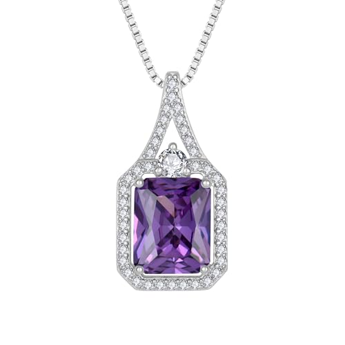 Created Gemstone Necklace 925 Sterling Silver Halo Rectangular Pendant Birthstone Necklaces Jewelry Gifts for Women - color: 02 February - Amethyst