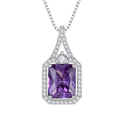 Created Gemstone Necklace 925 Sterling Silver Halo Rectangular Pendant Birthstone Necklaces Jewelry Gifts for Women - color: 02 February - Amethyst