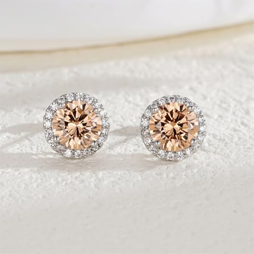 YOMELA Round Cubic Zirconia Stud Earrings for Women | Everyday Dainty, Diamond-Like Brilliance, CZ Halo Birthstone Studs, Hypoallergenic & Lightweight, Elegant & Versatile - color: Champagne
