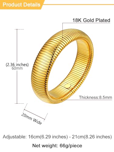 U7 Stretch Bracelets for Women Stainless Steel 18K Gold Plated Bangle Bracelets,Non Tarnish Link Bracelets,10mm,16mm,20mm - color: 01.Gold-20mm
