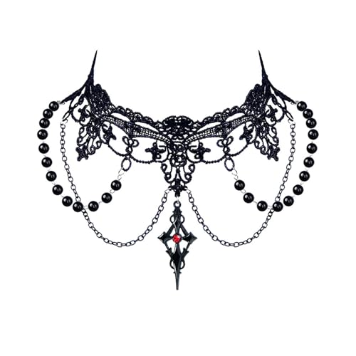 PINK TOWN Gothic Lace Choker Necklace for Women,Vintage Red Black Crystal Pendant Necklaces Punk Style Vampire Necklace Hollowed Out Layer Necklaces Halloween Jewelry Accessories - color: Black8