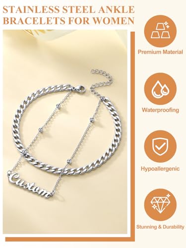 Custom4U Custom Name Anklet Bracelets for Women Waterproof Beaded/Figaro/Cuban/Rope/Wheat Chain Anklet Stackable Gold Plated Non Tarnish Custom Beach Gift Barefoot Summer Jewelry for Her - color: B02-Silver Cuban Chain