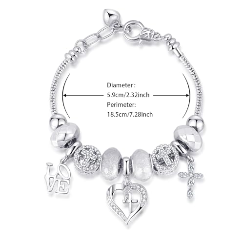 Charm Bracelet for Women, with Crystal and Heart Shape Glass Beads Sliver CZ Cross Snake Chain Bracelet, Trendy Charm Bracelet Jewelry Valentine's Day Gifts for Women