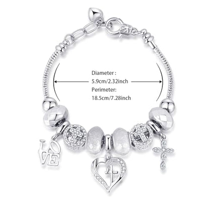 Charm Bracelet for Women, with Crystal and Heart Shape Glass Beads Sliver CZ Cross Snake Chain Bracelet, Trendy Charm Bracelet Jewelry Valentine's Day Gifts for Women