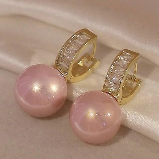 Pink Faux Pearl Drop Hoop Earrings for Women, Elegant High-End Cubic Zirconia Accent Dangle Earrings, Trendy Daily & Party Jewelry - color: Pink, size: Medium