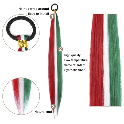 2 Pack Braid Ponytail Extension, Full of Christmas Color Ponytail Extension | 26 Inch Braid Extensions with Elastic Tie Straight Tube Sleek Wrap Extension Hair Ponytail (Green/White/Red#) - color: Green/White/Red#, size: 26 Inch（Pack of 2）