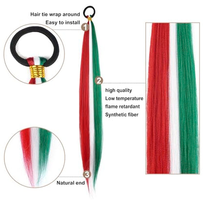 2 Pack Braid Ponytail Extension, Full of Christmas Color Ponytail Extension | 26 Inch Braid Extensions with Elastic Tie Straight Tube Sleek Wrap Extension Hair Ponytail (Green/White/Red#) - color: Green/White/Red#, size: 26 Inch（Pack of 2）