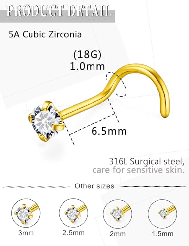 18G 20G 14K Gold Filled Nose Rings Studs Piercing Jewelry For Women Men 316L Surgical Steel Round Square Cubic Zirconia Nose Rings Studs Nostrial Piercing Jewelry CZ 1.5mm 2mm 2.5mm 3mm - color: 14K Gold Plated, size: 18 Gauge-Screw-Round CZ