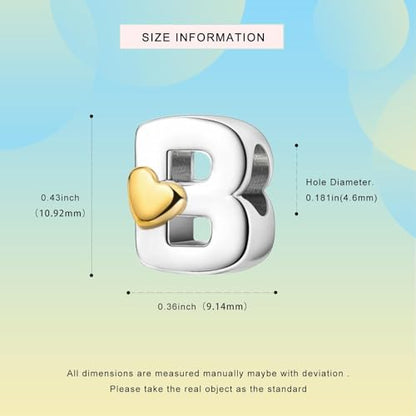 Two-Tone Gold Heart S925 Silver Letter Charm Fits Pandora Bracelet Necklace | Initial Bead Two-Tone Gold Heart, DIY European Bracelet Accessory, Gift for Ladies Birthday Anniversary Valentine - style: B