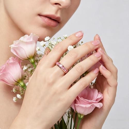 4mm/8mm Tungsten Wedding Bands for Men Women Ruby/Morganite/Emerald | Aquamarine/Zirconia, Black/Rose Gold/14K Gold, Engagement Promise Ring, Anniversary Valentine Day Birthday Gift for Him/Her - color: 4mm Rose Gold and Pink