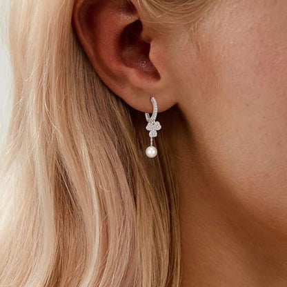 Crysdue Simulated Pearl Earrings for Women, Dainty Silver/Gold/Rose Gold Plated Cubic Zirconia Drop Dangle Earrings Wedding Jewelry for Bride Bridesmaid - style: B_CZ+Pearl, Silver