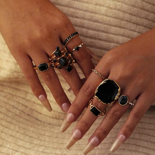 Chunky Gold Rings for Women Non Tarnish, Baroque Pearl Flower Tiger's Eye Stone Rings Adjustable Stacking Statement Rings Set Fashion Jewelry Gifts - style: All Black Set