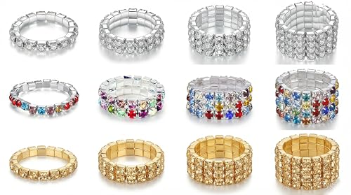 Sparkling Rhinestone Ring Set Trendy Elastic Rhinestone Crystal Stretch Ring Stackable Jewelry for Women Girls - color: 3 Colors (Colorful, Golden, Silver)-A