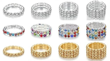 Sparkling Rhinestone Ring Set Trendy Elastic Rhinestone Crystal Stretch Ring Stackable Jewelry for Women Girls - color: 3 Colors (Colorful, Golden, Silver)-A