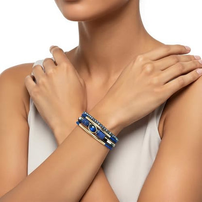 Edoneery Leather Wrap Bracelets for Women, Boho Layered Cuff Bangle | Multi-layer Leather Cuff, Daily wear, Stackable Bangle, Easy on-off, Western Jewelry Gifts for Women - color: Blue-1
