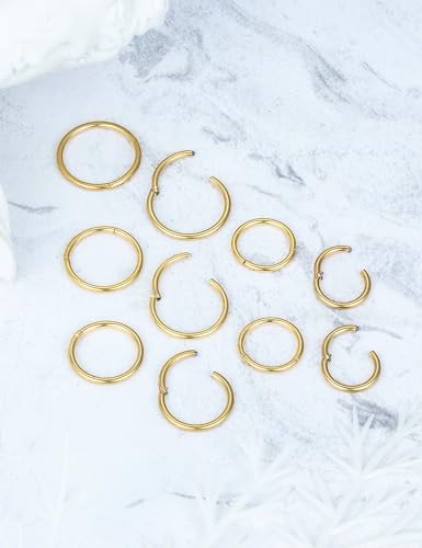 10PCS 20G/18G Surgical Steel Hinged Clicker Segment Nose Rings Hoops Septum Lip Ring Hoop Cartilage Tragus Helix Sleeper Earrings Piercing Jewelry for Women Men 6mm 7mm 8mm 9mm 10mm - color: 20g,6/7/8/9/10mm,goldtone