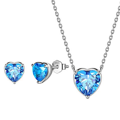 Aurora Tears Hearts Necklace Earrings Jewelry Sets - Women 925 Sterling Silver Birthstone Pendants Earrings Set Crystal Wedding Birthday Jewelry - color: C.March-set