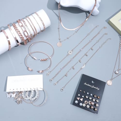 NEWITIN 61 Pieces Rose Gold Jewelry Set for Women Fashion Costume Jewelry | Bohemian Jewelry, Inlaid Cubic Zirconia, Gold Plated Necklace Bracelets Rings Earrings Set for Women Party Daily, Women Gifts - color: Rose Gold