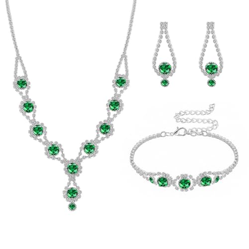 Silver Plated Necklace Earrings Bracelet Crystal Bridal Wedding Jewelry Sets for Wedding princess birthday party Halloween Prom Pageant Jewelry - color: 2-green