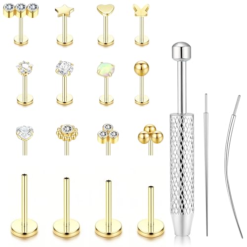 15Pcs 20G/18G/16G Flat Back Push in Stud Earrings 316L Surgical Stainless Threadless nose rings Medusa Piercing Jewelry Hypoallergenic Labret Studs Lip Rings ring for Women Men Be Equipped With Ball Grabber Tool - color: Golden, size: 18G(1.0mm)