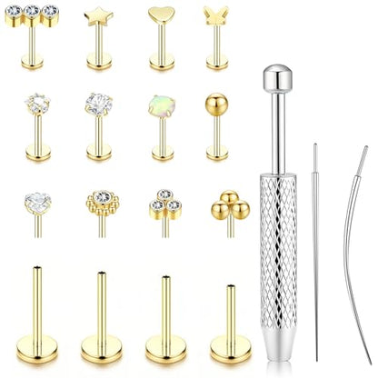 15Pcs 20G/18G/16G Flat Back Push in Stud Earrings 316L Surgical Stainless Threadless nose rings Medusa Piercing Jewelry Hypoallergenic Labret Studs Lip Rings ring for Women Men Be Equipped With Ball Grabber Tool - color: Golden, size: 16G(1.2mm)