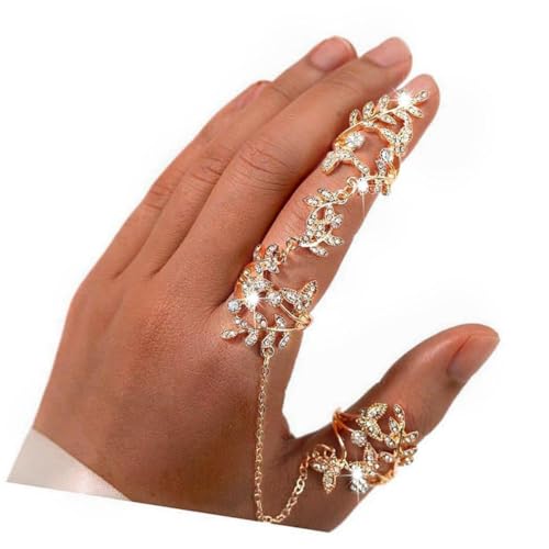 Rhinestone Finger Ring for Women Sparkly Crystal Butterfly Flower Leaf Adjustable Statement Chain Rings Punk Jewelry - color: Gold Leaf