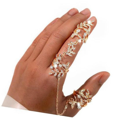 Rhinestone Finger Ring for Women Sparkly Crystal Butterfly Flower Leaf Adjustable Statement Chain Rings Punk Jewelry - color: Gold Leaf