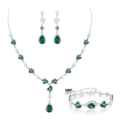 Teardrop Marquise Cubic Zirconia Wedding Prom Jewelry Set for Women Bridal | Silver/Gold/Rose Gold Plated, Pear Cut Pendant Necklace Drop Earrings Link Bracelet, for Bride Bridesmaid, for Banquet Party - style: A_Three Set, Green