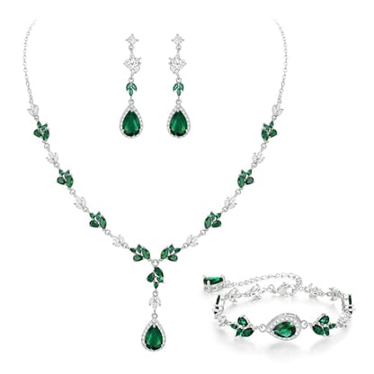 Teardrop Marquise Cubic Zirconia Wedding Prom Jewelry Set for Women Bridal | Silver/Gold/Rose Gold Plated, Pear Cut Pendant Necklace Drop Earrings Link Bracelet, for Bride Bridesmaid, for Banquet Party - style: A_Three Set, Green