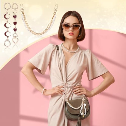 Sureio 5 Pcs Bag Extender Chain Pearl Purse Chain Ribbon Bow Keychain Extender Bag Strap Purse Charms Accessories for Handbag - color: Brown and Gold